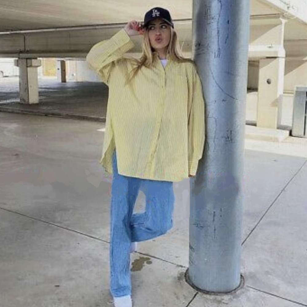 ZARA Oversized Striped Shirt Button-down MID-YELLOW XS